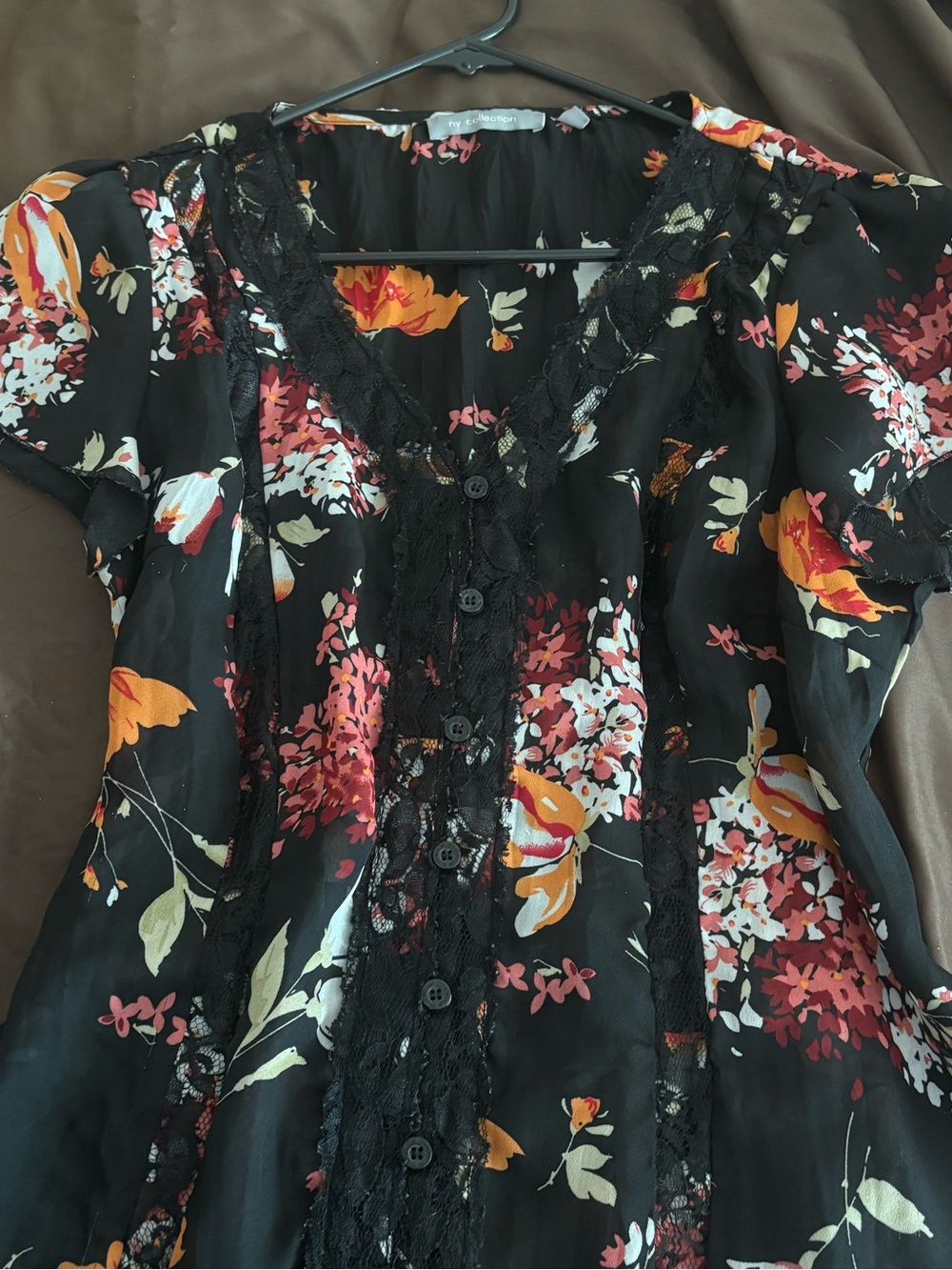NY Collection Black Floral Lace-Trim Button Blouse